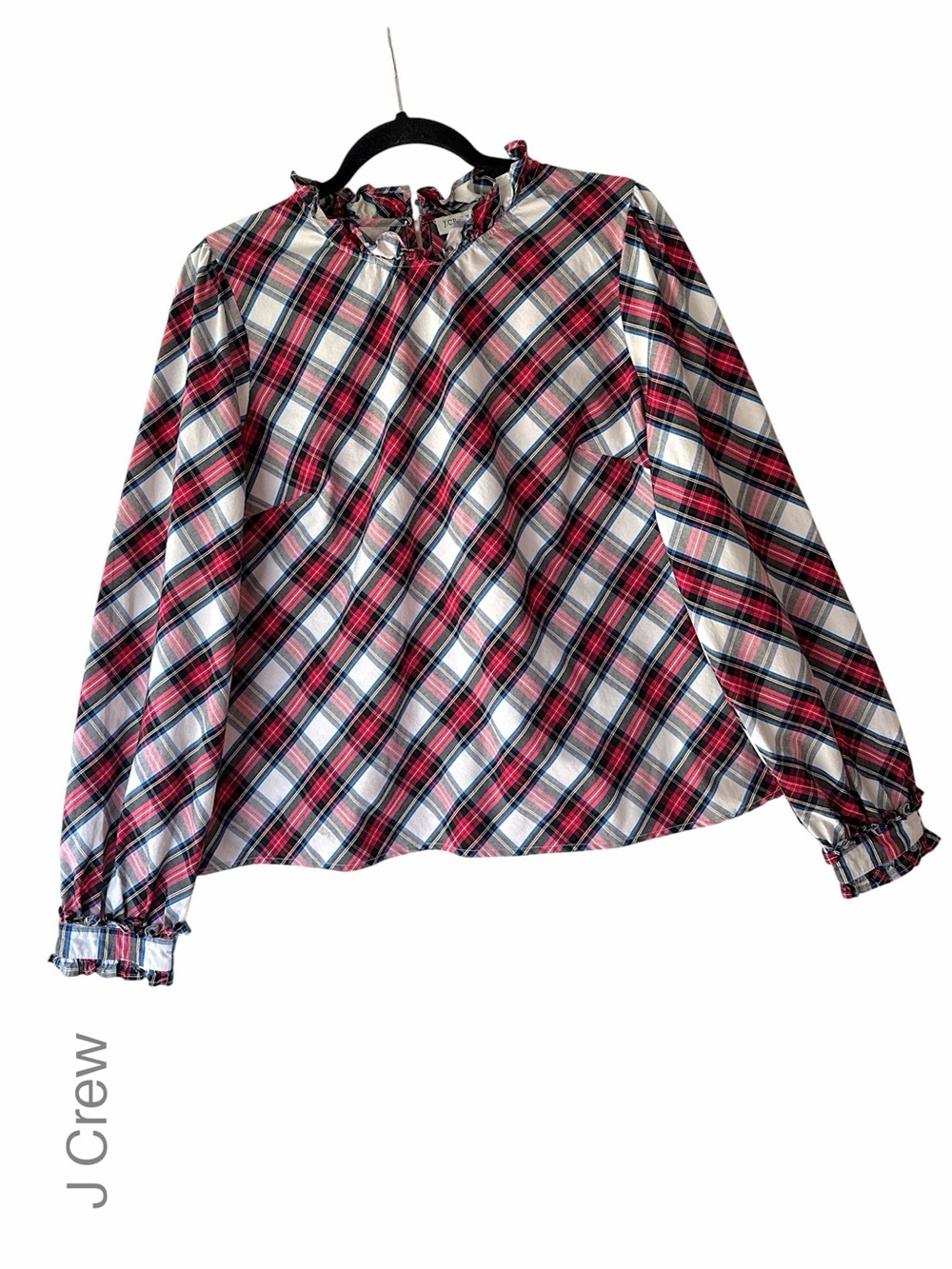 J CREW PLAID RUFFLE NECK LONG SLEEVE TARTAN TOP LIKE NEW RED BLACK WHITE LARGE